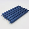 Six navy blue 21cm non-drip bistro taper candles with smooth cylindrical bodies sold individually for dinner use