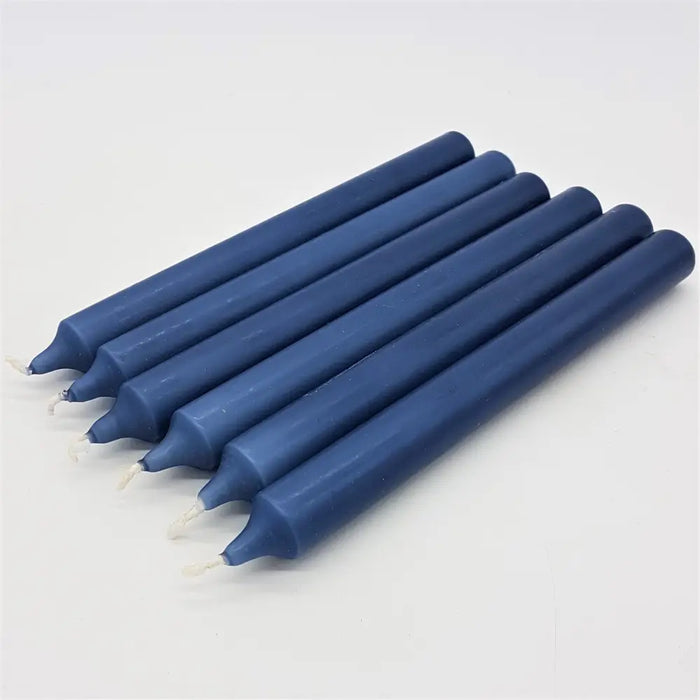 Six navy blue 21cm non-drip bistro taper candles with smooth cylindrical bodies sold individually for dinner use