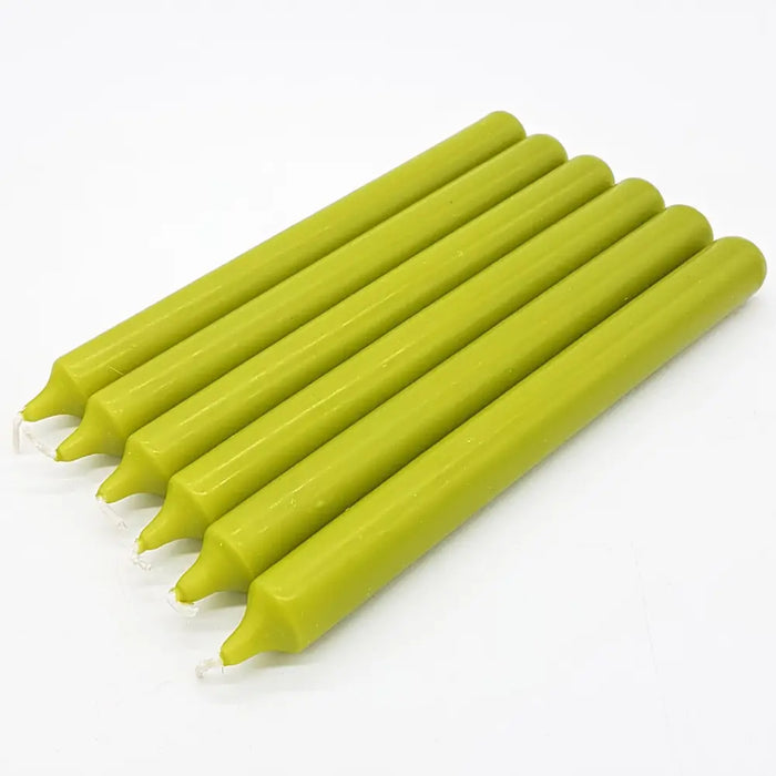 Six slender olive green 21cm non-drip bistro beeswax taper dinner candles with visible wicks sold individually
