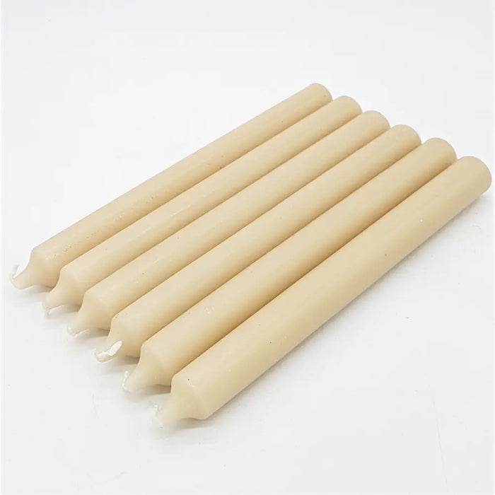 Six cream-colored cylindrical 21cm non-drip bistro dinner candles with smooth wax sold individually