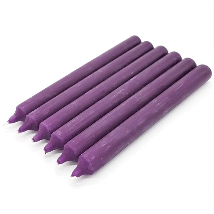 Six deep purple 21cm non-drip bistro dinner candles with smooth wax finish and pointed tips sold individually