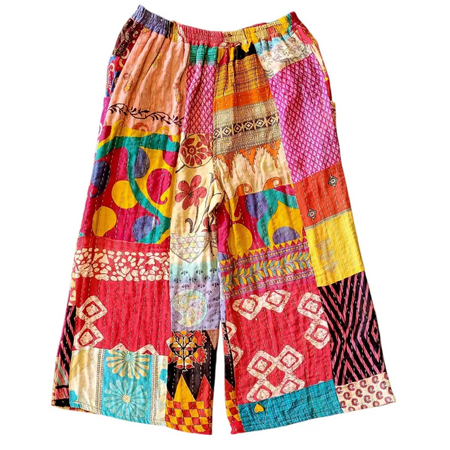 Vibrant kantha trousers with a beige waistband featuring wide leg patchwork in colorful quilted fabric