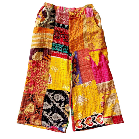 3/4 length wide leg kantha trousers with a pink waistband in vibrant hand-quilted patchwork fabric
