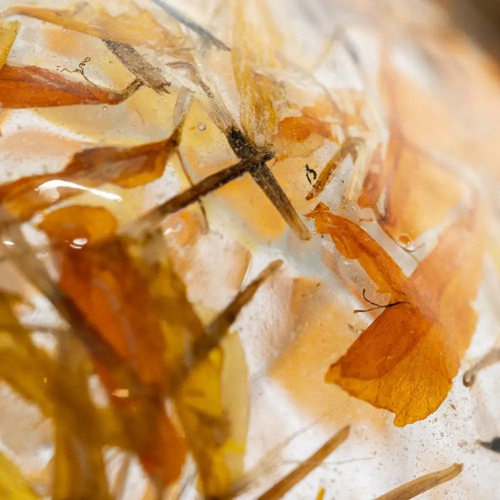 A 3 inch amber botanical bauble with clear resin encasing dried orange and yellow flower petals