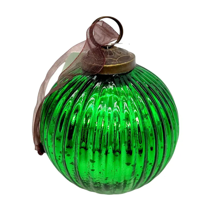 A 3 inch emerald glass ribbed christmas decoration ball with a bronze cap and brown sheer ribbon bow