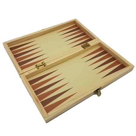 Light wooden backgammon board with brown triangles in a compact wooden folding travel games set