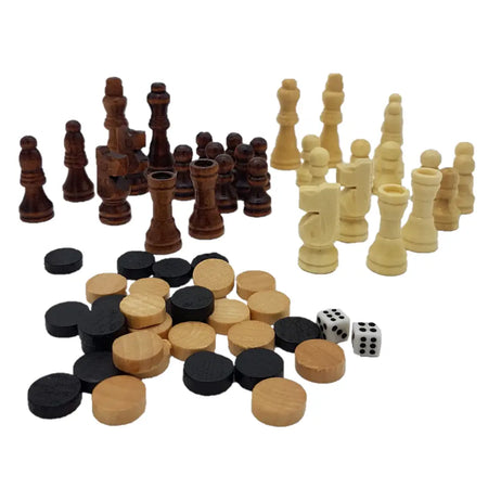 Wooden travel games set with black and light chess and checkers pieces and two dice in a compact wooden folding board
