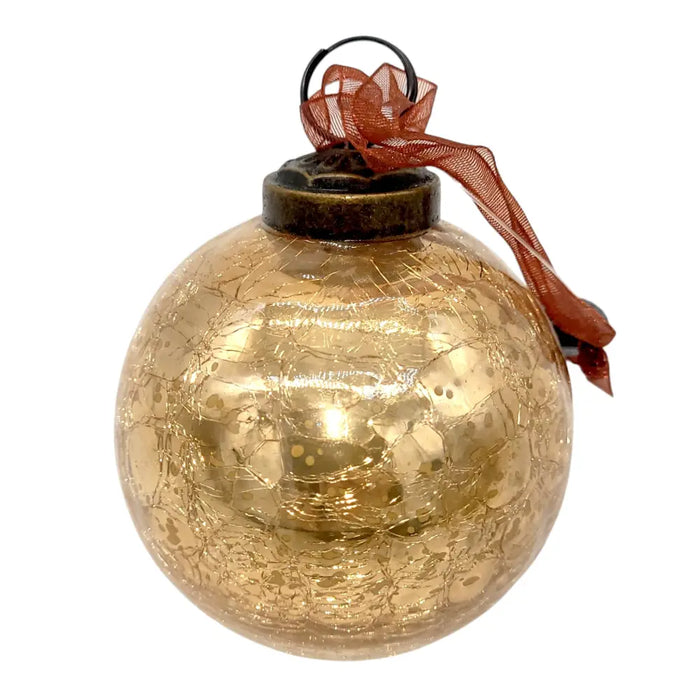 3 inch large champagne crackle glass bauble with golden crackle effect bronze cap and orange sheer ribbon tied around it