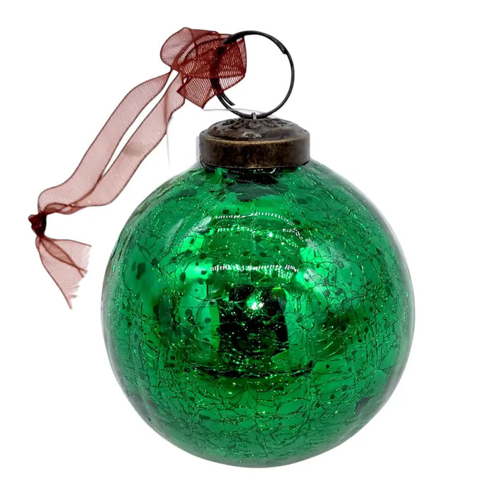 A 3 inch large emerald crackle glass christmas bauble with a green mosaic finish and red ribbon topper