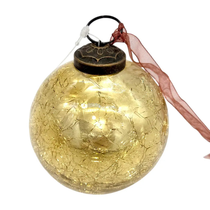 3 inch large gold crackle glass christmas tree bauble with dark metal cap and sheer pink ribbon hanging decoration