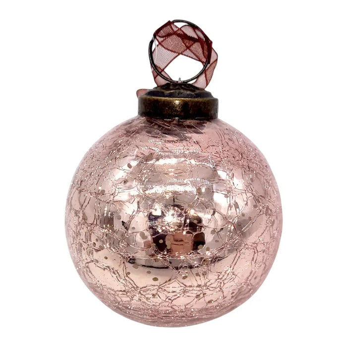 A 3 inch large rose quartz crackle glass bauble with a metallic cap and red mesh ribbon loop for christmas decor