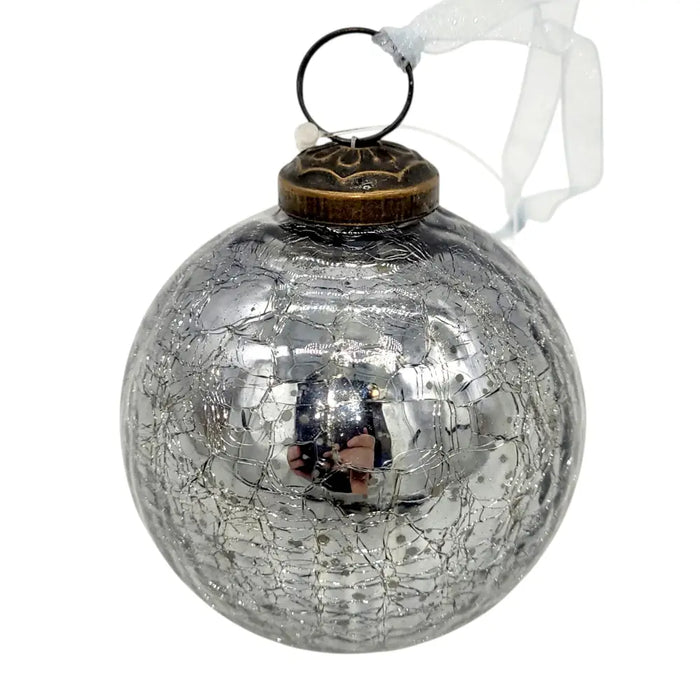 3 inch large slate crackle glass ball ornament with silver crackled glass and bronze metal cap hanging loop