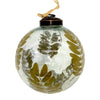 3 inch clear glass leaf botanical bauble with embossed olive green leaf patterns and a dark metal cap