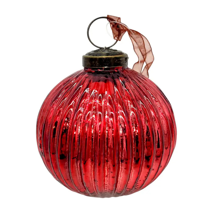 Vibrant red glass ball decoration with vertical ribbed texture and metallic cap for holiday decor