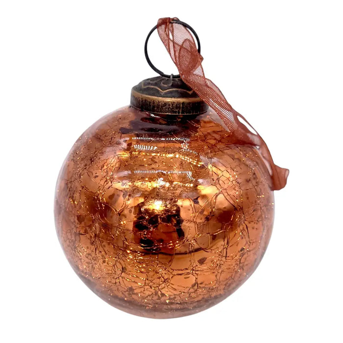 Copper-colored 3 inch crackle glass christmas bauble with a crackled finish and sheer ribbon on top