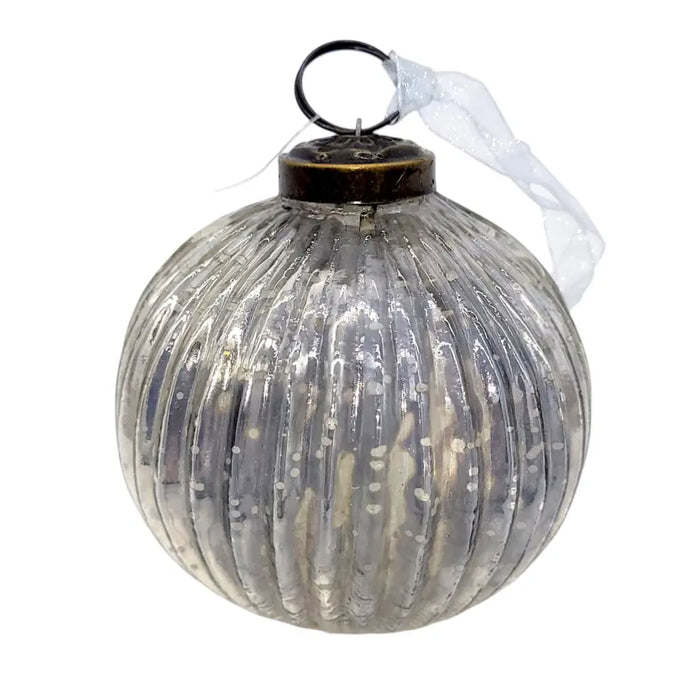 A 3 inch silver glass ribbed ball decoration with vertical ridges, brass top, and white ribbon hanging loop