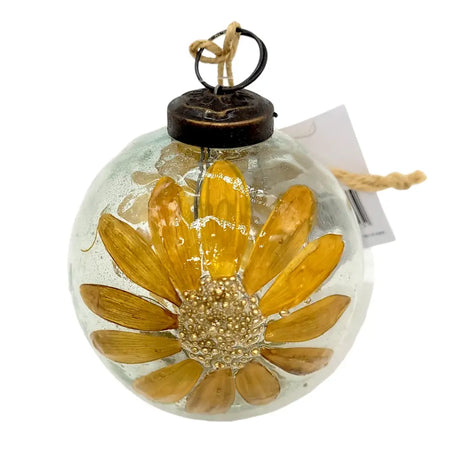 Clear glass 3 inch zinnea botanical bauble with pressed yellow daisy floral design and bronze metal cap