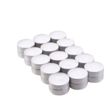 A set of 24 white unscented tealight candles made of quality paraffin wax arranged in four neat rows