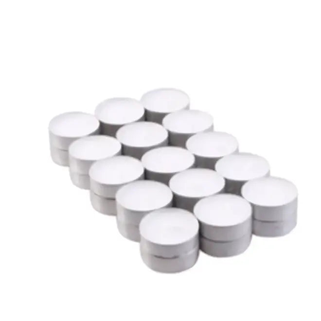 A set of 24 white unscented tealight candles made of quality paraffin wax arranged in four neat rows