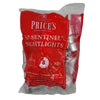 A red plastic bag containing 50 white Price’s sentinel nightlights tealights that glow for about eight hours
