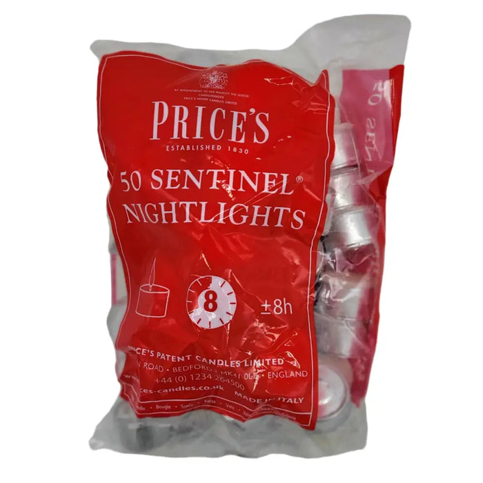 A red plastic bag containing 50 white Price’s sentinel nightlights tealights that glow for about eight hours