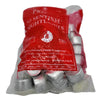 A red plastic bag containing 50 silver metal tealight candles branded sentinel nightlights by prices patent candles limited