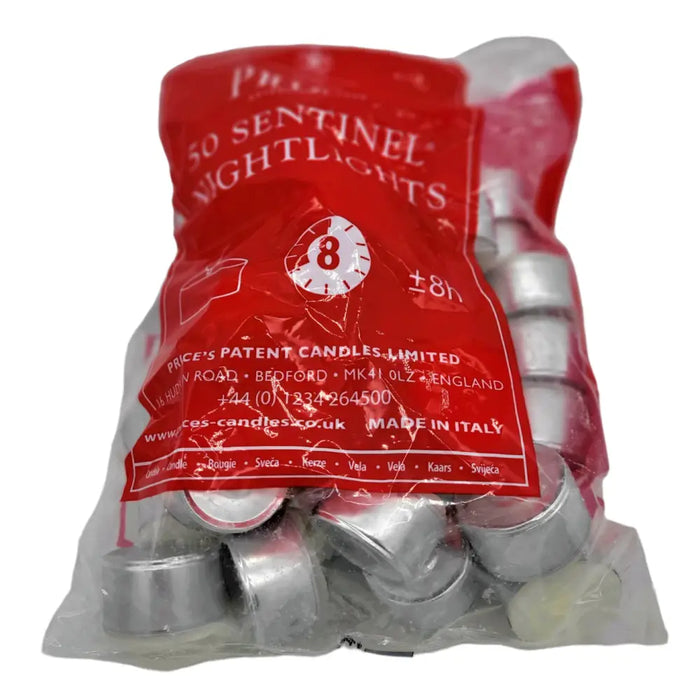 A red plastic bag containing 50 silver metal tealight candles branded sentinel nightlights by prices patent candles limited