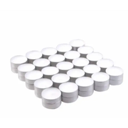 A set of 50x unscented white tealights 4hr made from paraffin wax arranged in a grid pattern