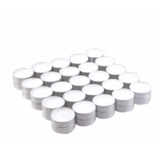 A set of 50x unscented white tealights 4hr made from paraffin wax arranged in a grid pattern
