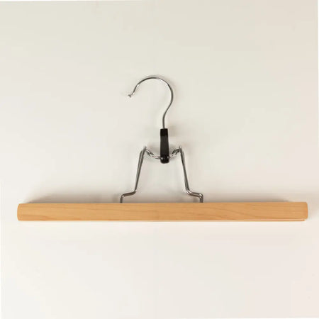 Light-colored wooden grip bar hanger with silver metal hook and black plastic clamps for bar hangers 30cm