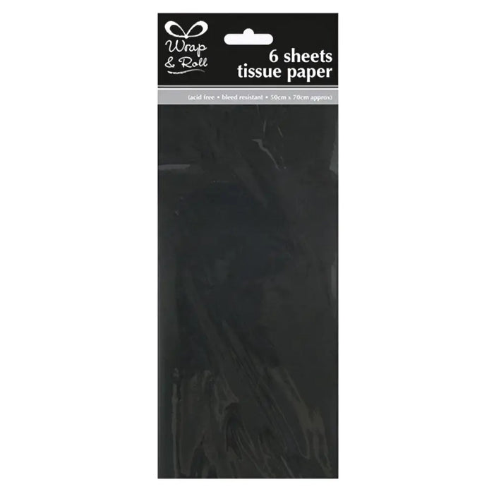 Black tissue paper sheets packaged in a clear sleeve with wrap and roll label for gift wrap use