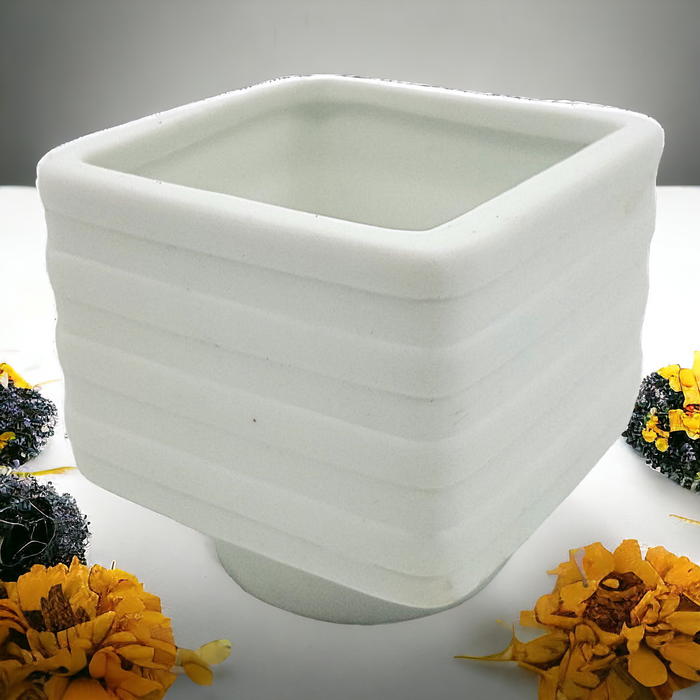 White Porcelain Tealight Holder - Banded Square Design