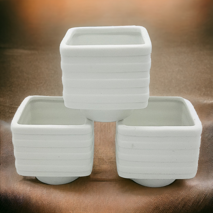 White Porcelain Tealight Holder - Banded Square Design