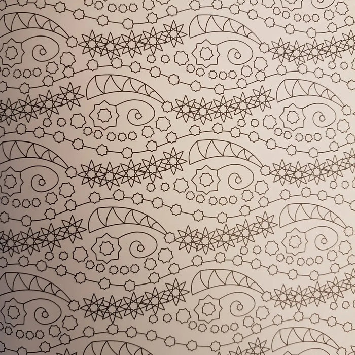 An adult colouring book page with black intricate star and geometric patterns on a beige background by charlie wood-penn