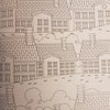 Black-and-white line art of european-style houses with tiled roofs and chimneys in an adult colouring book pattern