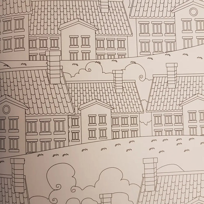 Black-and-white line art of european-style houses with tiled roofs and chimneys in an adult colouring book pattern