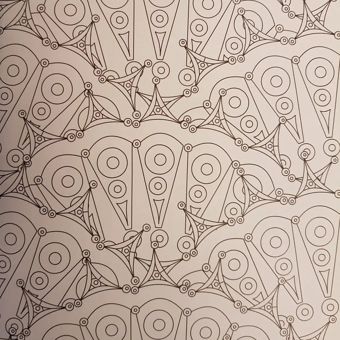 Adult colouring book peaceful patterns with black geometric circles triangles and lines on a beige background