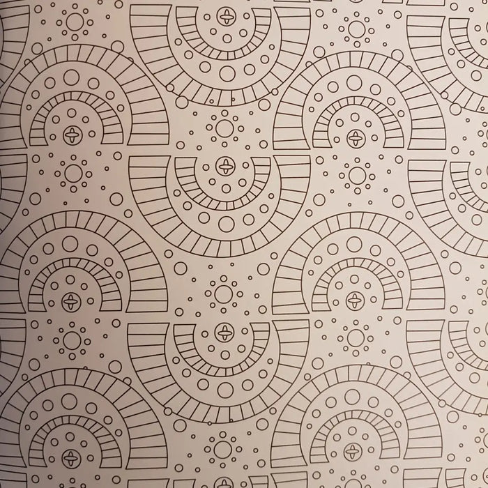 Beige adult colouring book page with intricate black line art of circular and fan-shaped geometric patterns by charlie wood-penn