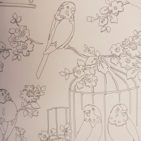 A delicate line drawing of a parakeet with floral motifs in the cath kidston adult colouring book