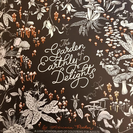 The garden of earthly delights adult colouring book shows intricate black and white botanical art with orange accents