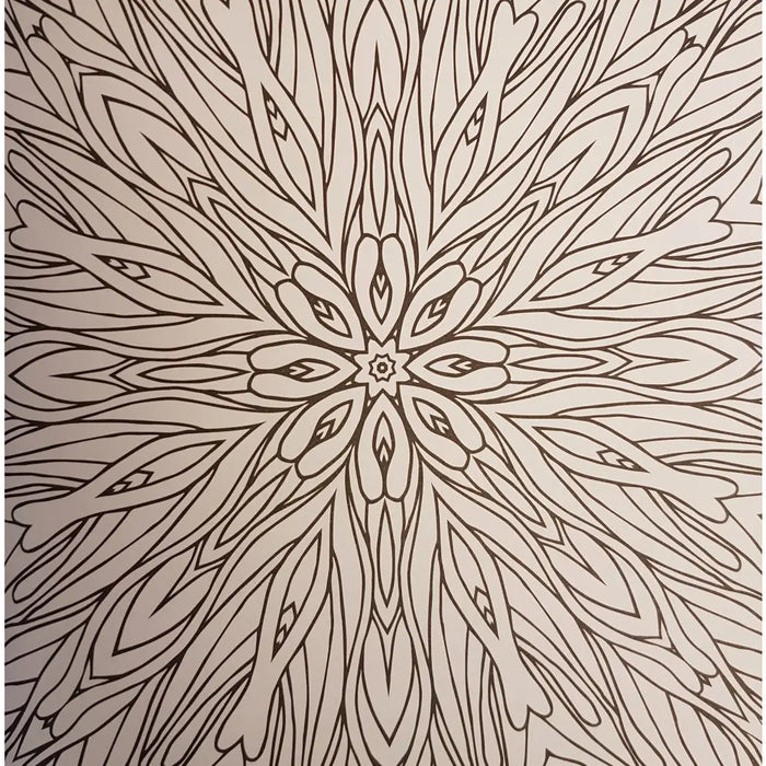 Adult colouring book page showing a black and white mandala with intricate floral patterns and a central starburst design
