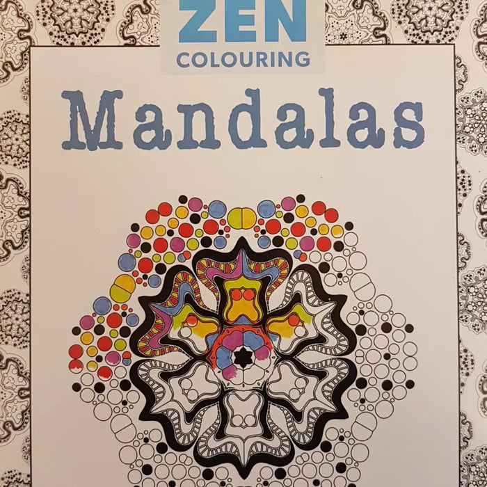 Adult colouring book featuring a vibrant mandala with colorful dots and detailed black outlines on the cover