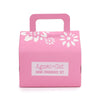 Pink cardboard cat fragrance gift box with white floral cutouts and handle labeled agnes and cat home fragrance set