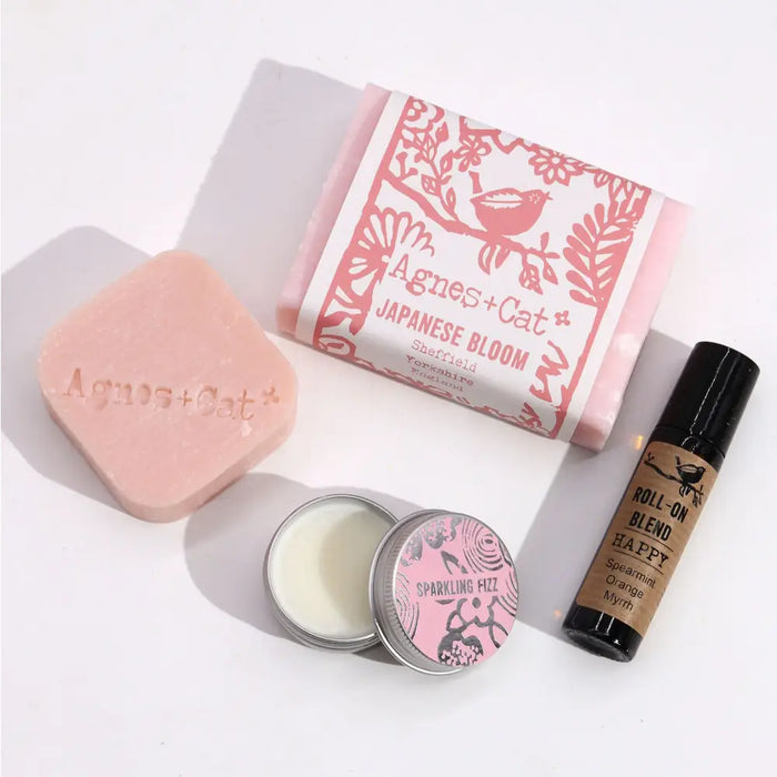 Pink agnes cat japanese bloom soap bar with floral bird packaging in agnes and cat wellness gift set for cat wellness gift