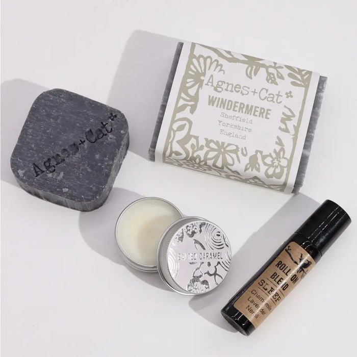 Dark gray square bar soap with agnes cat engraving in agnes and cat wellness gift set lake breeze for cat wellness gift