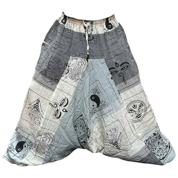 Gray and white cotton patchwork aladdin yoga pants with black mystical prints available in various sizes
