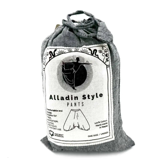 Gray cotton drawstring bag labeled alladin style pants with black and white graphic and size info from nepal