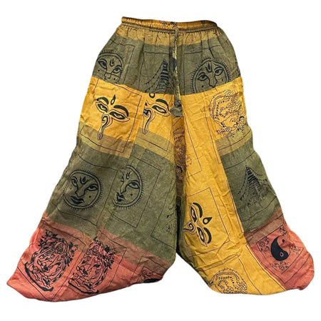 Aladdin yoga and festival pants in olive and yellow cotton with black spiritual print in a relaxed size fit