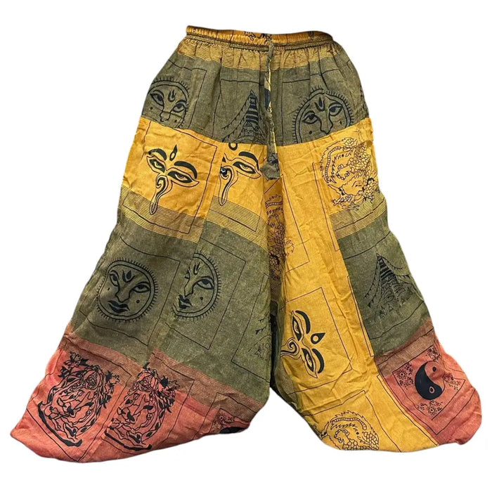 Aladdin yoga and festival pants in olive and yellow cotton with black spiritual print in a relaxed size fit