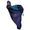 Purple and teal patchwork himalayan yoga pants with gold spiritual symbols on soft flowing fabric
